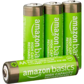 Amazon Basics 4-Pack Rechargeable AA NiMH High-Capacity Batteries, 2400 mAh, Recharge up to 400x Times, Pre-Charged