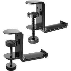 Foldable Headphone Stand Hanger Holder, Space-Saving Aluminum Soundbar Stand with Universal Fit for Gaming PC Accessories, Under Desk Clamp Hook Mount (Black-2PC)