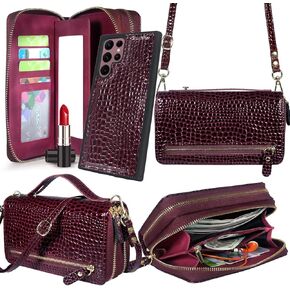 Harryshell Compatible with Samsung Galaxy S22 Ultra 5G 6.8 inch (2022) Case Wallet Multi Zipper Detachable Magnetic Cover Purse Bag with Card Slots Holder Mirror Crossbody Wrist Strap (Black)