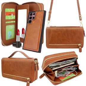 Harryshell متوافق مع Samsung Galaxy S22 Ultra 5G 6.8 بوصة (2022) CASE Wallet Multi Zipper Detachable Cover Based Based مع فتحة فتحة بطاقة Crossbody Mirror Crossbody (أسود) in Kuwait
