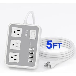 TISDLIP White 7-in-1 Power Strip, with a 5-Foot Extension Cable and Independent Switch Controls, a Multi-Outlet Desktop Charging Station Adaptable to Multi-Scenario Use