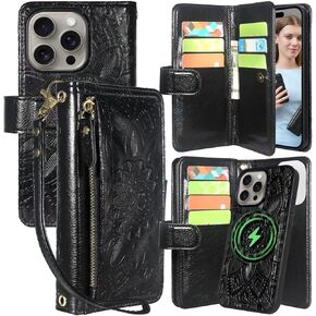Harryshell for iPhone 15 Pro Max Detachable Magnetic Case Wallet,Compatible with Magsafe Wireless Charging, [Theft-Scan Blocking] Card Slots, Cash Zipper Pocket Wrist Strap (Floral Wine Red)
