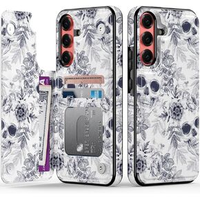 FUNMIKO for Samsung Galaxy S25 Wallet Case with Card Holder, RFID-Blocking, Military-Grade Protection & Floral Animal Design, Magnetic Closure with Leather Kickstand - Black Cat in The Flowers