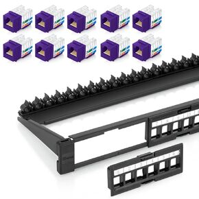 Everest Media Solutions Bundle – 2 Items: 24-Port Keystone Patch Panel + 10 Pack of RJ45 CAT6 Keystone Jacks - Purple