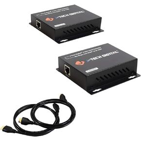 J-Tech Digital HDMI Extender Over Single Cat5e/6/7 Cable Full HD 1080p with TCP/IP, IR Up to 400ft with HDMI 2.0 Cable 3ft-2 Pack