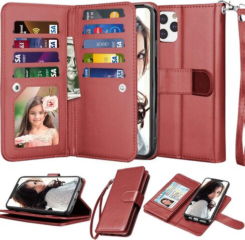 NJJEX Wallet Case for iPhone 11 Pro ، for iPhone 11 Pro Case 5.8 "، [9 Card Slots] Pu Leather Credit Holder Folio [Detachable] Kickstand Magnetic Phone and Lanyard for iPhone 11 Pro - Wine Red - Wine Red in Kuwait