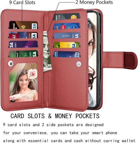 NJJEX Wallet Case for iPhone 11 Pro ، for iPhone 11 Pro Case 5.8 "، [9 Card Slots] Pu Leather Credit Holder Folio [Detachable] Kickstand Magnetic Phone and Lanyard for iPhone 11 Pro - Wine Red - Wine Red in Kuwait