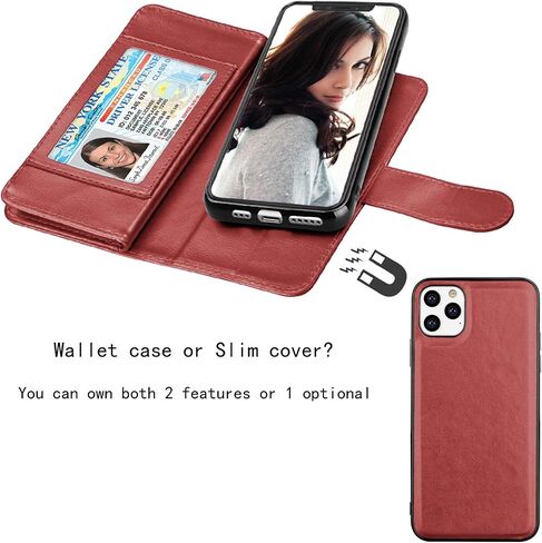 NJJEX Wallet Case for iPhone 11 Pro ، for iPhone 11 Pro Case 5.8 "، [9 Card Slots] Pu Leather Credit Holder Folio [Detachable] Kickstand Magnetic Phone and Lanyard for iPhone 11 Pro - Wine Red - Wine Red in Kuwait