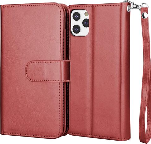 NJJEX Wallet Case for iPhone 11 Pro ، for iPhone 11 Pro Case 5.8 "، [9 Card Slots] Pu Leather Credit Holder Folio [Detachable] Kickstand Magnetic Phone and Lanyard for iPhone 11 Pro - Wine Red - Wine Red in Kuwait