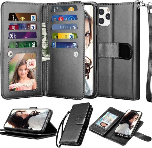 NJJEX Wallet Case for iPhone 11 Pro ، for iPhone 11 Pro Case 5.8 "، [9 Card Slots] Pu Leather Credit Holder Folio [Detachable] Kickstand Magnetic Phone and Lanyard for iPhone 11 Pro - Wine Red - Wine Red in Kuwait