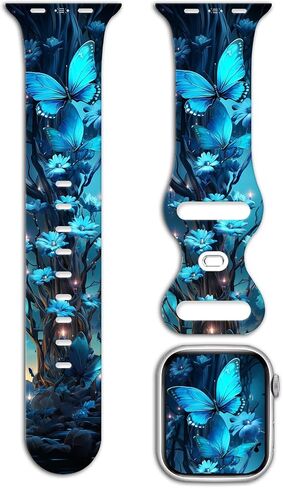 Sport Band Floral Printed Compatible with Apple Watch Bands 49mm 45mm 44mm 42mm 41mm 40mm 38mm Women, Silicone Flower Printed Fadeless Pattern Design Strap for iWatch Series10，9, 8,7,6,5,4,3,2,1,SE in Kuwait