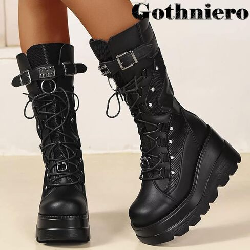 Gothniero Women Black Platform Goth Boots Mid Calf with Heel Knee High Boots Winter Chunky Heel Punk Rave Boots Girls Lace Up Combat Booties Size 5.5-11 in Kuwait