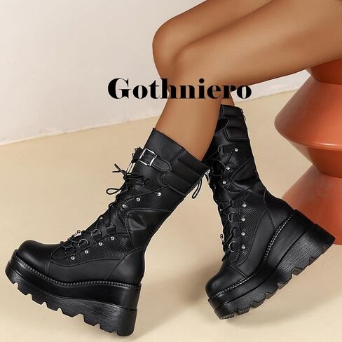 Gothniero Women Black Platform Goth Boots Mid Calf with Heel Knee High Boots Winter Chunky Heel Punk Rave Boots Girls Lace Up Combat Booties Size 5.5-11 in Kuwait