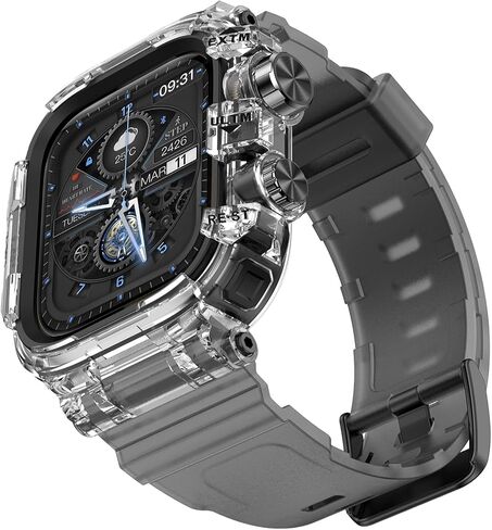 Goton Shockproof Case and Band for Apple Watch Series 9 8 7 SE2 SE 6 5 4 45mm 41mm 44mm 40mm, Military Protective Clear Rugged Bumper Cover TPU Strap for iWatch Accessories, 44/45mm Translucent Black in Saudi Arabia