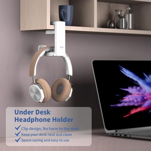 KIWIFOTOS Headphone Stand Holder Under Desk, PC Gaming Headset Hook Hanger Mount with 360 Adjustable Rotating Arm Clamp & Built in Cable Clip - White in Saudi Arabia