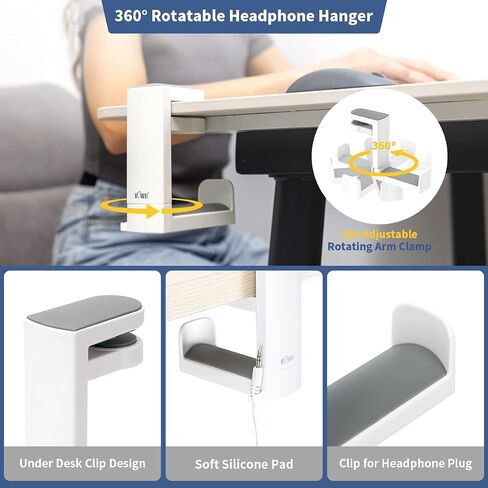 KIWIFOTOS Headphone Stand Holder Under Desk, PC Gaming Headset Hook Hanger Mount with 360 Adjustable Rotating Arm Clamp & Built in Cable Clip - White in Saudi Arabia