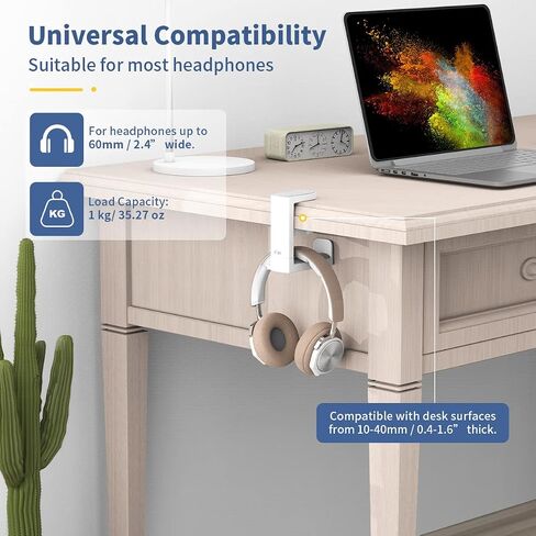 KIWIFOTOS Headphone Stand Holder Under Desk, PC Gaming Headset Hook Hanger Mount with 360 Adjustable Rotating Arm Clamp & Built in Cable Clip - White in Saudi Arabia