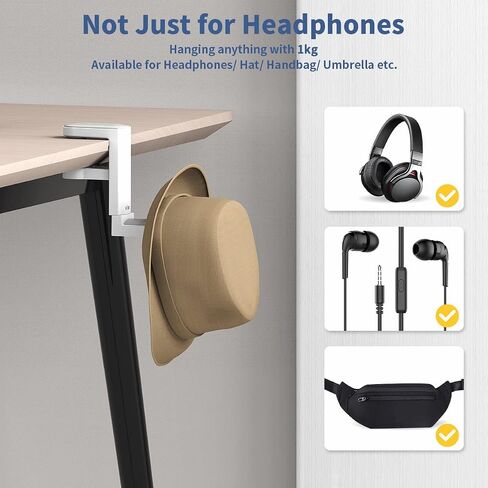 KIWIFOTOS Headphone Stand Holder Under Desk, PC Gaming Headset Hook Hanger Mount with 360 Adjustable Rotating Arm Clamp & Built in Cable Clip - White in Saudi Arabia