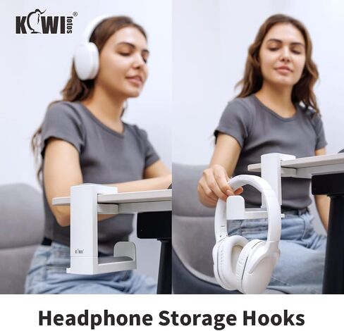 KIWIFOTOS Headphone Stand Holder Under Desk, PC Gaming Headset Hook Hanger Mount with 360 Adjustable Rotating Arm Clamp & Built in Cable Clip - White in Saudi Arabia