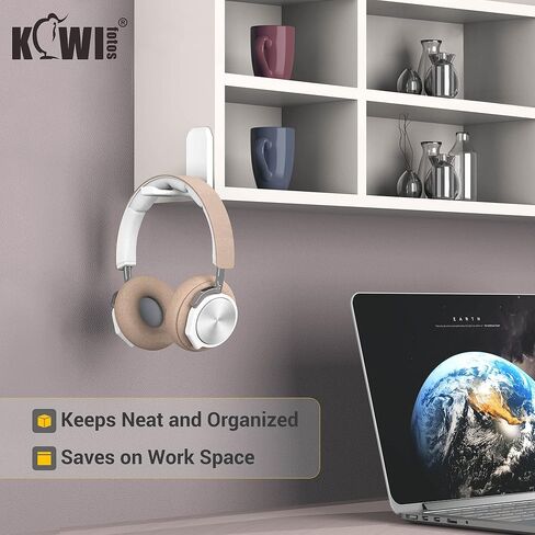 KIWIFOTOS Headphone Stand Holder Under Desk, PC Gaming Headset Hook Hanger Mount with 360 Adjustable Rotating Arm Clamp & Built in Cable Clip - White in Kuwait