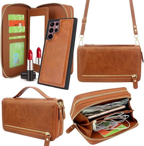 Harryshell متوافق مع Samsung Galaxy S22 Ultra 5G 6.8 بوصة (2022) CASE Wallet Multi Zipper Detachable Cover Based Based مع فتحة فتحة بطاقة Crossbody Mirror Crossbody (أسود) in Kuwait