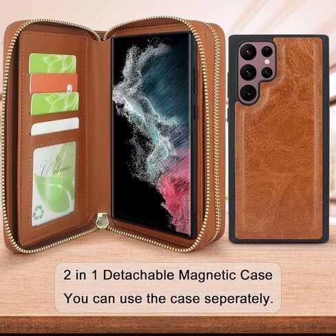 Harryshell متوافق مع Samsung Galaxy S22 Ultra 5G 6.8 بوصة (2022) CASE Wallet Multi Zipper Detachable Cover Based Based مع فتحة فتحة بطاقة Crossbody Mirror Crossbody (أسود) in Kuwait