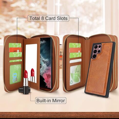 Harryshell متوافق مع Samsung Galaxy S22 Ultra 5G 6.8 بوصة (2022) CASE Wallet Multi Zipper Detachable Cover Based Based مع فتحة فتحة بطاقة Crossbody Mirror Crossbody (أسود) in Kuwait