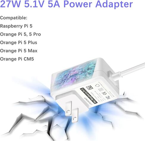 27W Power Supply Adapter for Raspberry Pi 5, Type C Power Supply Cord for Orange Pi 5, 5 Pro, Orange Pi 5 Plus, Orange Pi 5 Max, Orange Pi CM5, 5.1V 5A Charger, USB C Power Supply Cable 3.3FT (White) in Kuwait