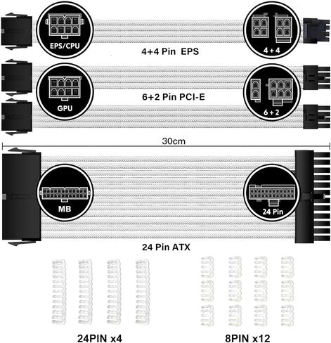 PSU Extensions Sleeved Cables Kit 18AWG 30cm ATX 24pin,CPU4+4p,PCI-E 6+2p,PCI-E 6p for ATX Power Supply Cable with Cable Comb in Saudi Arabia