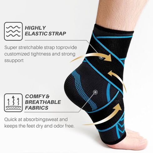Ankle Brace Foot Support: Plantar Fasciitis and Achilles Tendonitis Relief, Heel Support for Men and Women with Strap for Foot Swelling and Compression (Single, Black Blue, Medium) in Kuwait