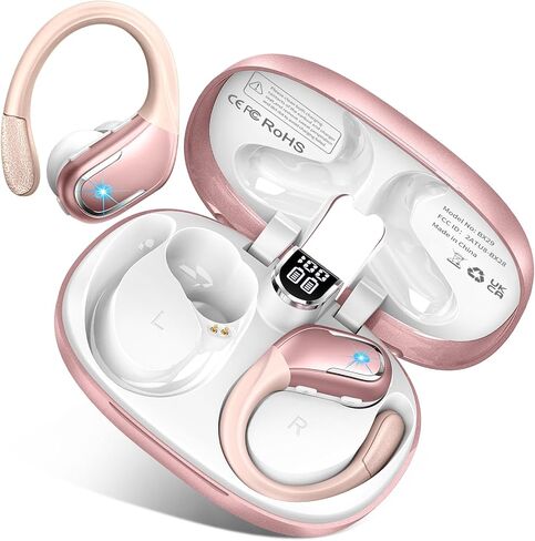 Ltinist Wireless Earbud Sports, 75H Playback Bluetooth 5.3 Headphones Deep Bass Stereo in-Ear Earphone, LED Power Display, Noise Canceling Headphones, Over Ear Bud for Gym Running Workout Rosa in Saudi Arabia