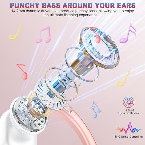 Ltinist Wireless Earbud Sports, 75H Playback Bluetooth 5.3 Headphones Deep Bass Stereo in-Ear Earphone, LED Power Display, Noise Canceling Headphones, Over Ear Bud for Gym Running Workout Rosa in Saudi Arabia
