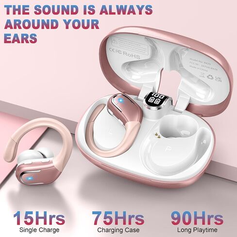Ltinist Wireless Earbud Sports, 75H Playback Bluetooth 5.3 Headphones Deep Bass Stereo in-Ear Earphone, LED Power Display, Noise Canceling Headphones, Over Ear Bud for Gym Running Workout Rosa in Saudi Arabia