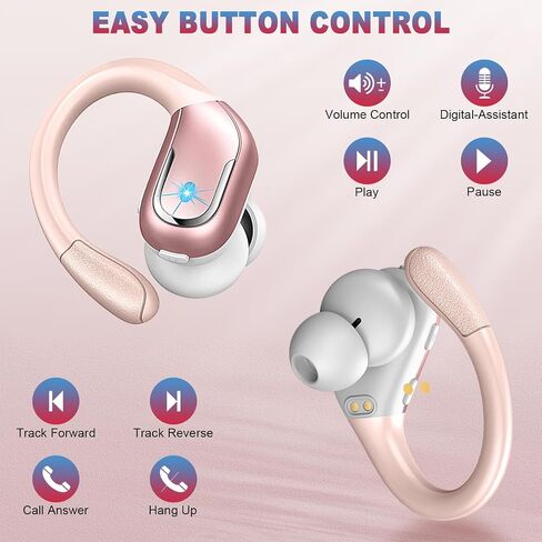 Ltinist Wireless Earbud Sports, 75H Playback Bluetooth 5.3 Headphones Deep Bass Stereo in-Ear Earphone, LED Power Display, Noise Canceling Headphones, Over Ear Bud for Gym Running Workout Rosa in Saudi Arabia