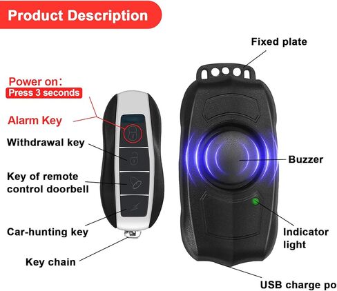 Bike Alarm with Remote USB Rechargeable 115dB Anti-Theft Vibration Motion Bicycle Alarm IPX5 Waterproof Vehicle Security Alarm System for Bike Motorcycle Electric Scooter in Saudi Arabia