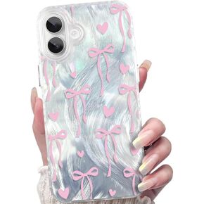 AIGOMARA for iPhone 16 Pro Max case,Cute Pink Heart and Ribbon Bow Clear Phone Case Aesthetic Trendy Soft Slim TPU and PC Back Shockproof Protective Phone Cover for Woman Girls