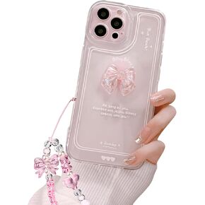 Compatible for iPhone 16 Pro Max Cute 3D Pink Bowknot Slim Women Girls Clear Aesthetic Design Phone Cases Cover+Glitter Bow Crystal Sparkle Sparkly Chain