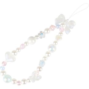 LUVI Beaded Phone Charm Lanyard Wrist Strap Love Heart Bow Beads Butterfly Chain Flower String Pearl Bling Bracelet Keychain Cute Fashion for Women Girls