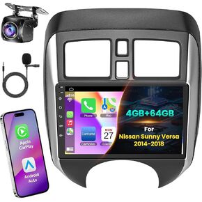 【4+64G】 Android 12 Radio for Nissan Versa 2014-2018, 9" IPS Touchscreen Stereo with Wireless Carplay&Android Auto, Support GPS/WiFi/FM Radio/SWC/Backup Camera+MIC/Bluetooth5.2/HiFi