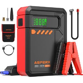 Portable Car Jump Starter with Air Compressor, 3000A Jumper Starter Car Battery Pack(9.0 Gas/7.0L Diesel), 150PSI Cordless Tire Inflator, 12V Jump Box Car Battery Charger Booster with Storage Bag