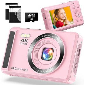 4K 44MP Digital Camera-UHD Digital Cameras for Photography 16X Digital Zoom for Photography with 32GB SD Card for Kids Teens Boys Girls
