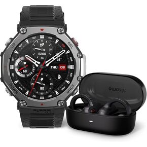 Bundle of Amazfit T-Rex 3 Rugged/Military Smart Watch 48mm, GPS (with Privacy), Offline Maps,Black + Amazfit Up OWS Bluetooth 5.3 Headphones, Open Ear Wireless Earbuds with Easy Touch Control