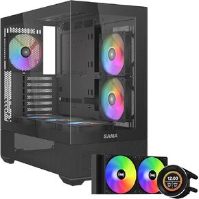 SAMA V40 Mid Tower Case & SAMA SM240 Black Adjustable Liquid Cooler LCD Display Screen with 2x120mm Addressable ARGB PWM Silent Fan 240mm AIO Radiator