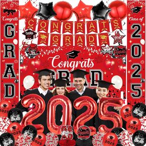 Graduation Decorations 2025, 43-Piece Luxury Red Party Supplies Set with Balloons, Banner, Backdrop, Hanging Swirls, Honeycomb Table Decor & Photo Props for College & High School Graduation Ceremony