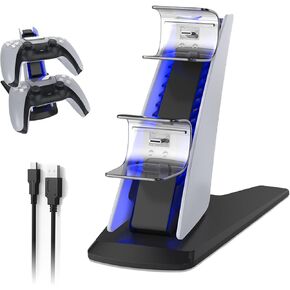 PS5 Charging Station with Blue LED Light – Fast Charging Dock for PS5 Controllers, Dual Charging Ports with Charger Cable, Compact & Sleek Design Charging Stand for Controllers