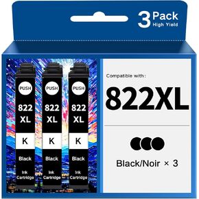822XL Black Remanufactured for Epson 822XL Ink Cartridges Combo Pack for Epson 822 T822XL Ink Cartridges for Epson Workforce Pro WF-4820 WF-4830 WF-4833 WF-4834 WF-3820 WF-3823 Printer (3 Black)