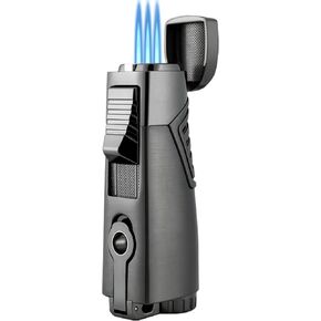 DOUBFIVSY Cigar Lighter Triple Jet Flame Torch Lighter Refillable Butane Lighter with Punch, Holder, Adjustable Windproof Butane Lighter with Gift Box, Cool Lighter Cigar Gift for Men (Black)
