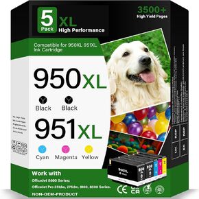 950XL 951XL Ink Cartridges Combo Pack for HP Printer Ink 950 951 XL Ink Cartridge (2 Black, Cyan, Magenta, Yellow) 5-Pack Work with HP OfficeJet Pro 8600 8610 8620 8100 8630 8660 8640 8615 76DW 251DW