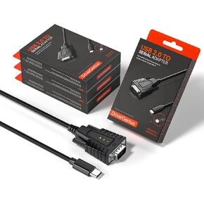 DriverGenius USB232A-B-C | USB-C to RS232 Serial Adapter Cable (1-Port) – 3 x LEDs (TX, RX, PWR) – Compatible with Windows 11, macOS 15 【4-Piece/Package】