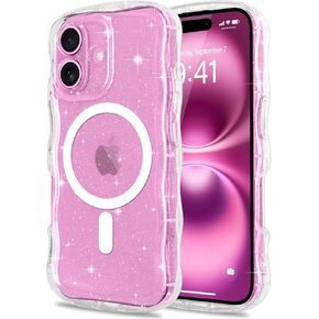Magnetic for iPhone 16 Pro Max Case Clear, Sparkly Bling Glitter Cute Curly Wave Bumper Cover for Women Girls Compatible with MagSafe TPU Shockproof Phone Case for iPhone 16 Pro Max, Mag Clear